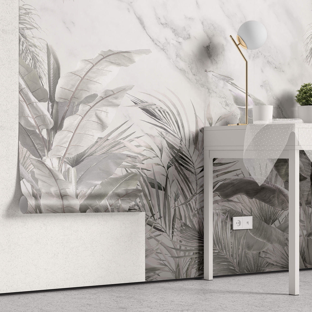 Tapet personalizat Tropical cu plante tropicale gri pe un fundal de marmura gri - GREY TROPICAL MARBLE