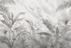 Tapet personalizat Tropical cu plante tropicale gri pe un fundal de marmura gri - GREY TROPICAL MARBLE