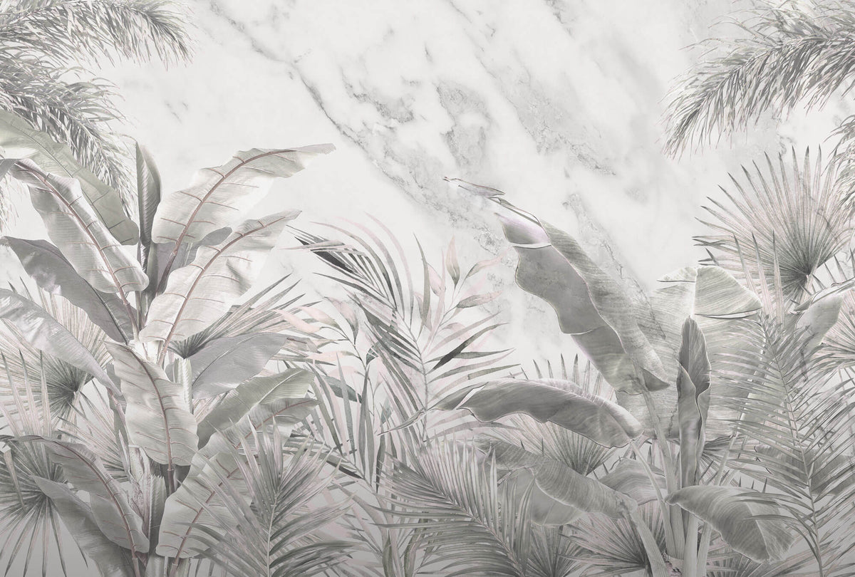 Tapet personalizat Tropical cu plante tropicale gri pe un fundal de marmura gri - GREY TROPICAL MARBLE