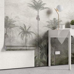 Tapet personalizat Tropical cu palmieri inalti si flori de margaritar - PEARL RAINFOREST