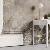 Tapet personalizat Tropical cu frunze tropicale si flamingo in nuante maronii - SEPIA TROPICAL FLAMINGO
