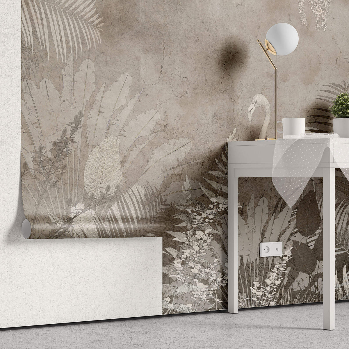 Tapet personalizat Tropical cu frunze tropicale si flamingo in nuante maronii - SEPIA TROPICAL FLAMINGO