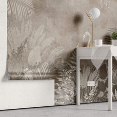 Tapet personalizat Tropical cu frunze tropicale si flamingo in nuante maronii - SEPIA TROPICAL FLAMINGO