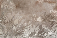 Tapet personalizat Tropical cu frunze tropicale si flamingo in nuante maronii - SEPIA TROPICAL FLAMINGO