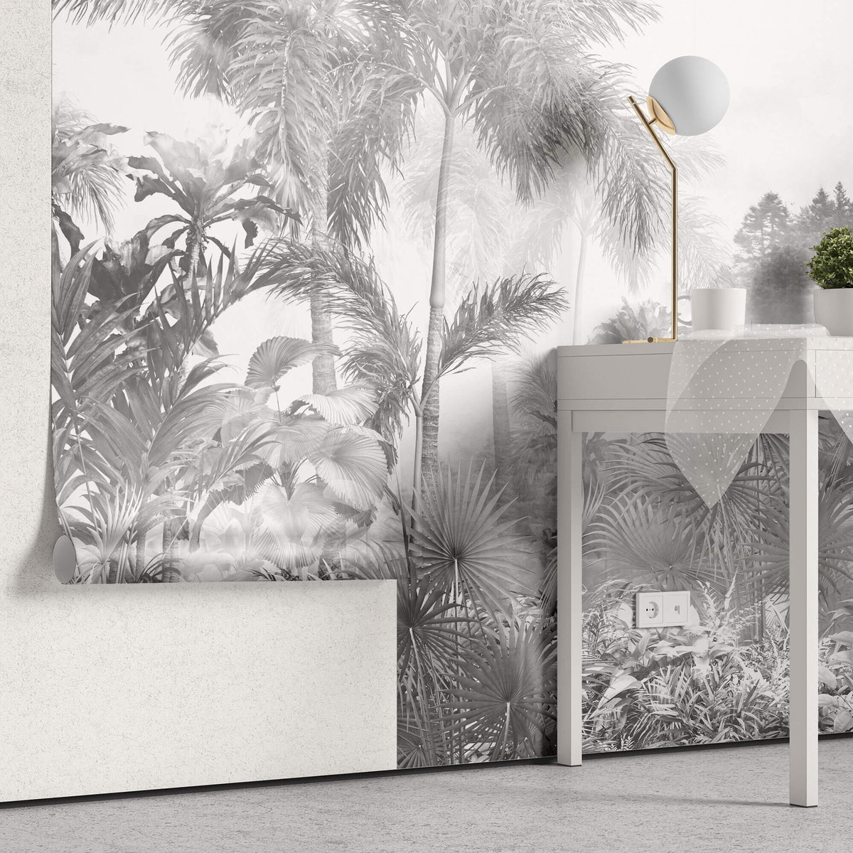 Tapet personalizat Tropical cu peisaj tropical in nuante de gri - GREYSCALE TROPICAL FOG I
