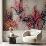 Tapet personalizat Tropical cu flori si plante tropicale roz - TROPICAL PINK ARCHES