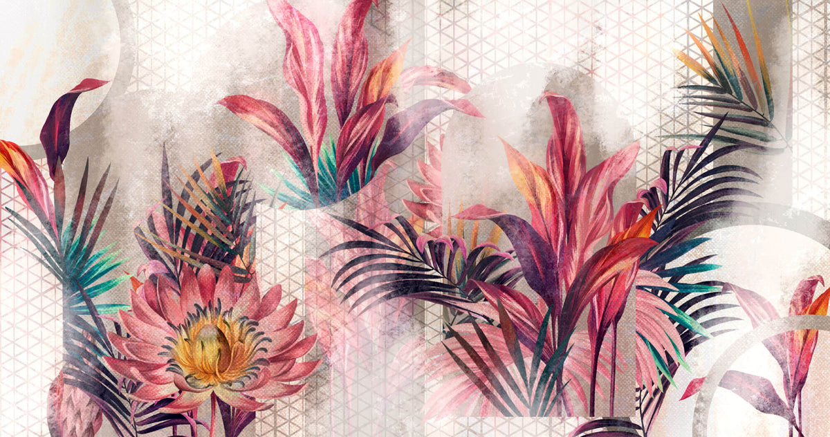 Tapet personalizat Tropical cu flori si plante tropicale roz - TROPICAL PINK ARCHES