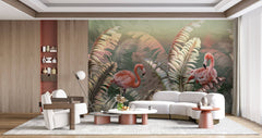 Tapet personalizat Tropical cu palmieri si flamingo roz - GREEN TROPIC FLAMINGO