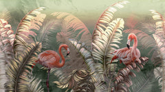 Tapet personalizat Tropical cu palmieri si flamingo roz - GREEN TROPIC FLAMINGO