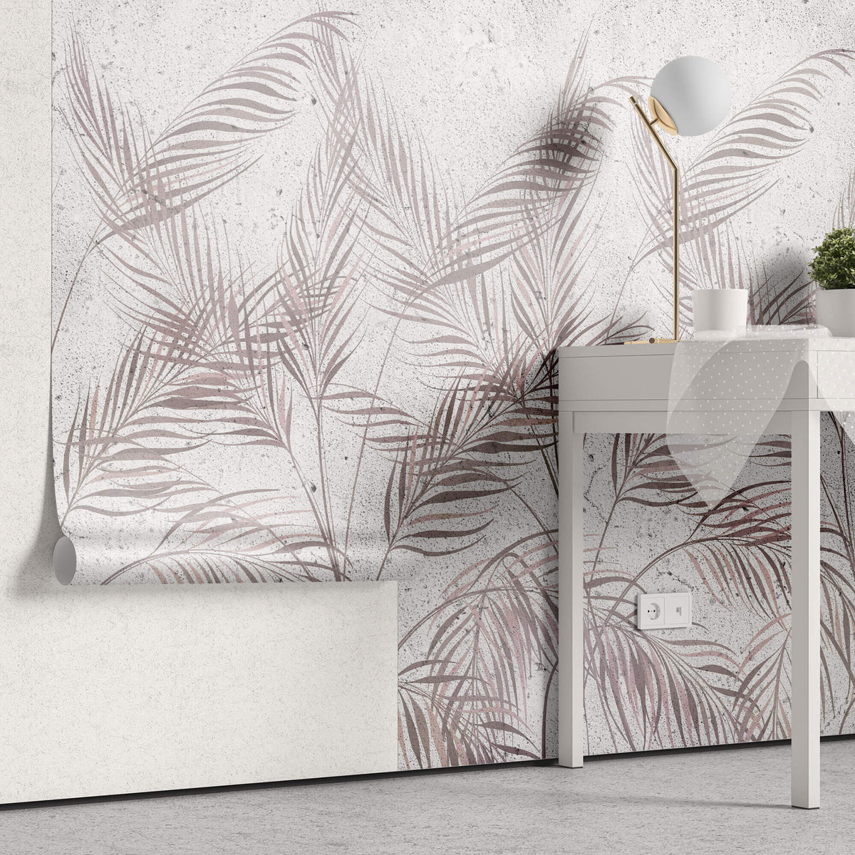 Tapet personalizat Tropical cu frunze de palmier roz si fundal texturat de ciment - DECORATIVE WALL PALMS