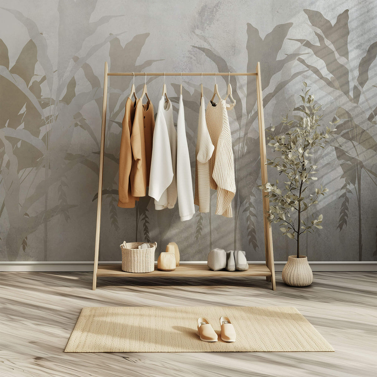 Tapet personalizat Tropical cu frunze de bananier bej - CONCRETE ABSTRACT JUNGLE