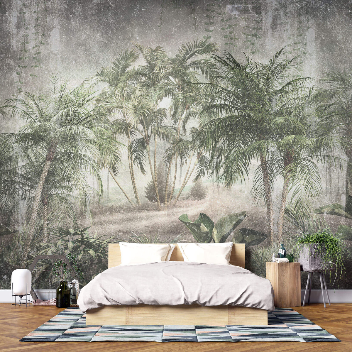 Tapet personalizat Tropical cu palmieri pe un fundal de perete cimentat - VINTAGE TROPICAL
