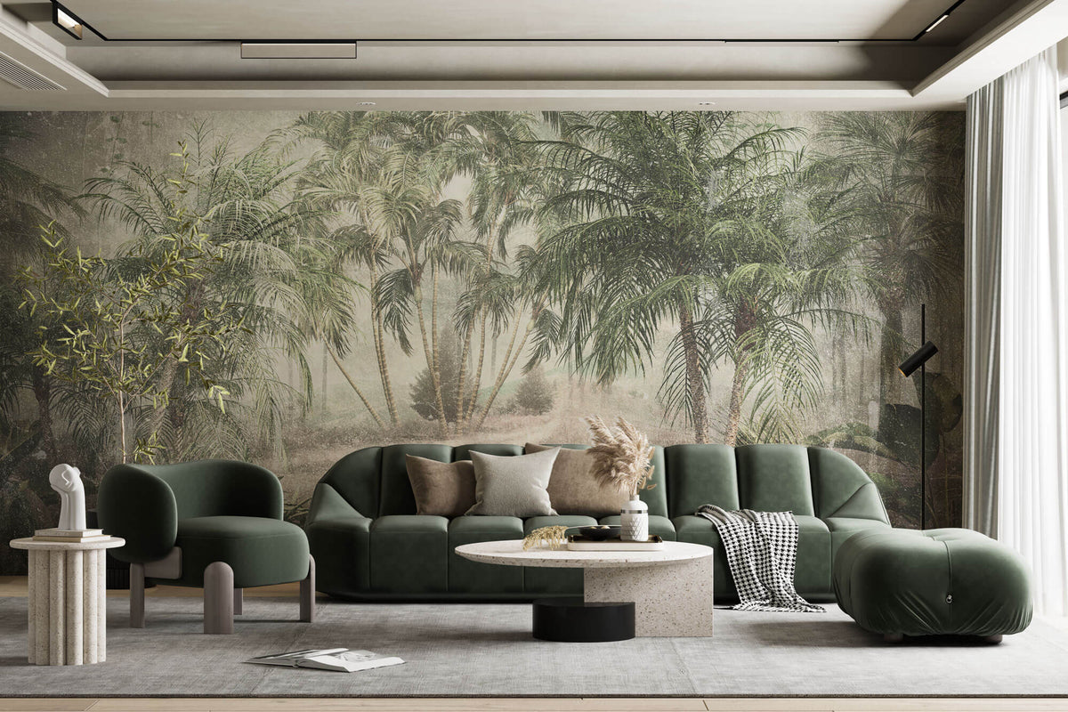 Tapet personalizat Tropical cu palmieri pe un fundal de perete cimentat - VINTAGE TROPICAL
