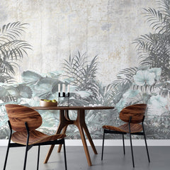 Tapet personalizat Tropical cu plante tropicale pe un fundal de perete cimentat - CONCRETE WALL VEGETATION