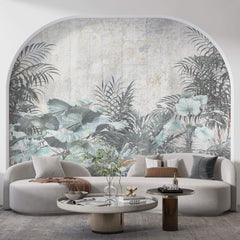 Tapet personalizat Tropical cu plante tropicale pe un fundal de perete cimentat - CONCRETE WALL VEGETATION