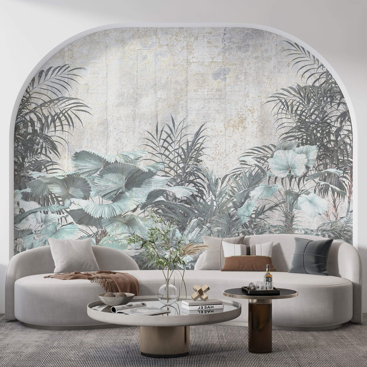 Tapet personalizat Tropical cu plante tropicale pe un fundal de perete cimentat - CONCRETE WALL VEGETATION