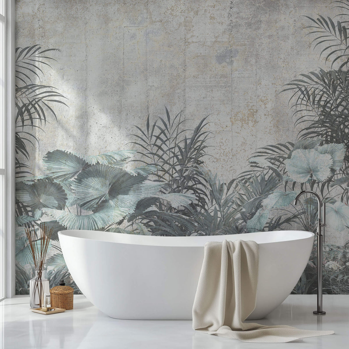 Tapet personalizat Tropical cu plante tropicale pe un fundal de perete cimentat - CONCRETE WALL VEGETATION