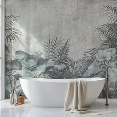 Tapet personalizat Tropical cu plante tropicale pe un fundal de perete cimentat - CONCRETE WALL VEGETATION