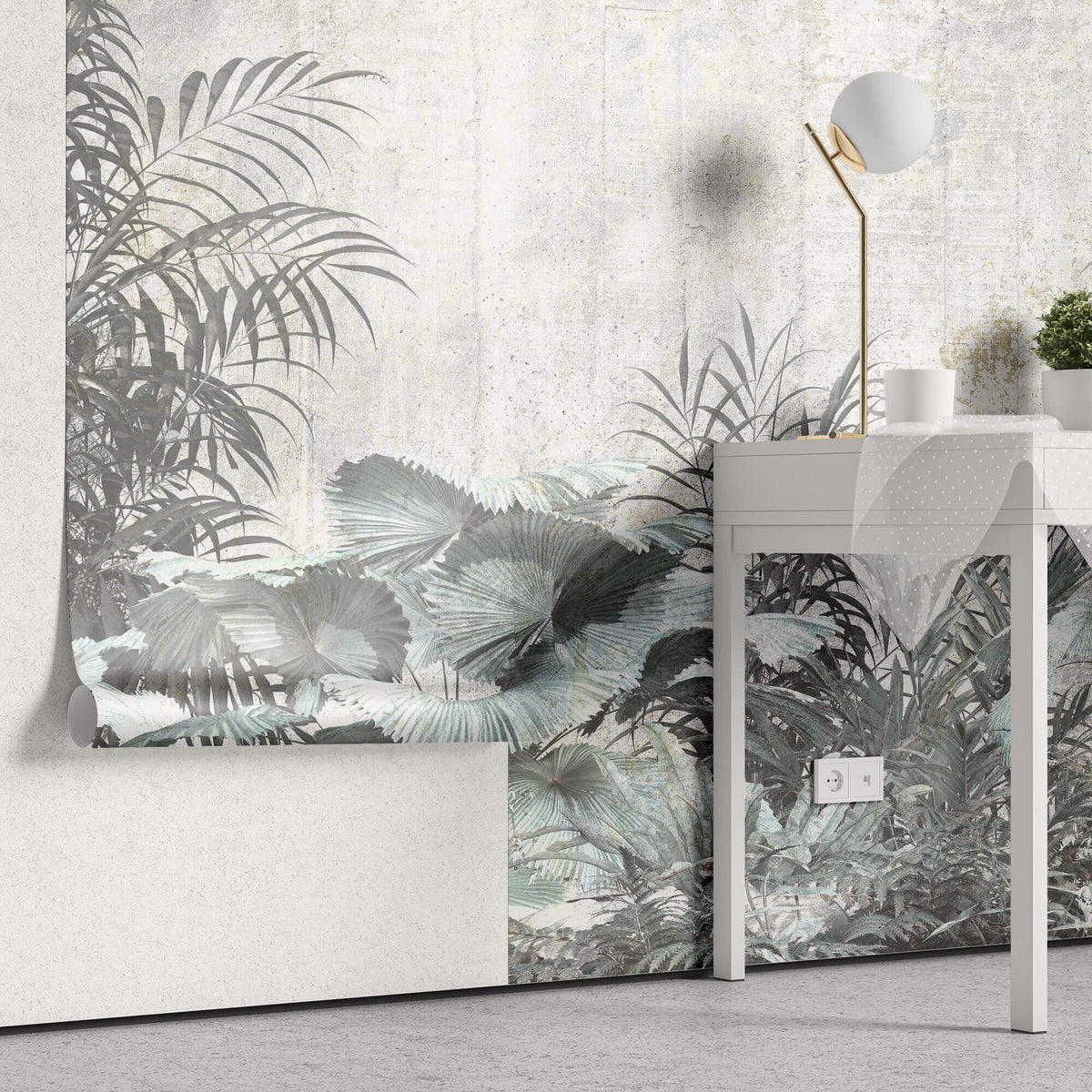 Tapet personalizat Tropical cu plante tropicale pe un fundal de perete cimentat - CONCRETE WALL VEGETATION
