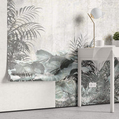 Tapet personalizat Tropical cu plante tropicale pe un fundal de perete cimentat - CONCRETE WALL VEGETATION