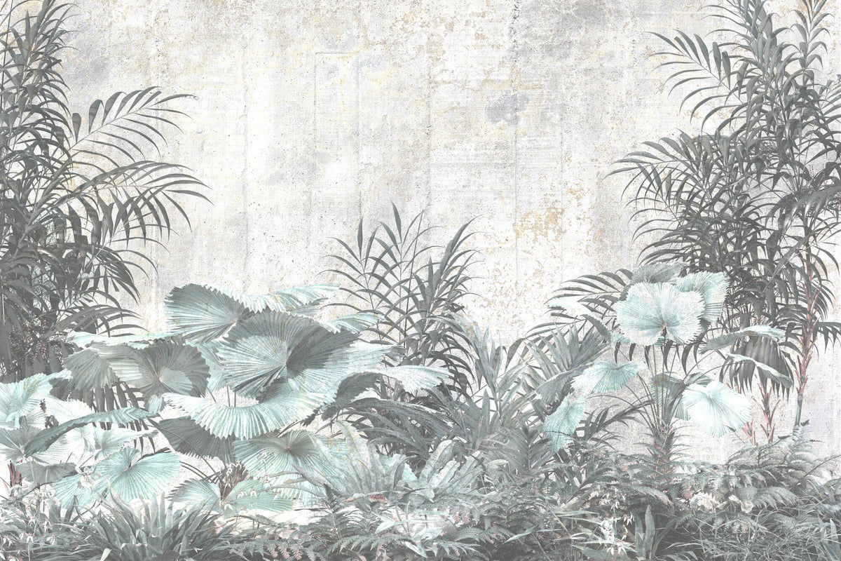 Tapet personalizat Tropical cu plante tropicale pe un fundal de perete cimentat - CONCRETE WALL VEGETATION