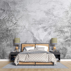 Tapet personalizat Tropical cu plante tropicale pe un funal de perete gri crapat - CRACKED WALL JUNGLE