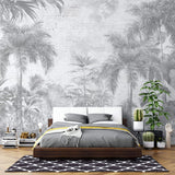 Tapet personalizat Tropical cu plante tropicale pe un perete cu textura de plaster gri - PLASTER STRIPED JUNGLE