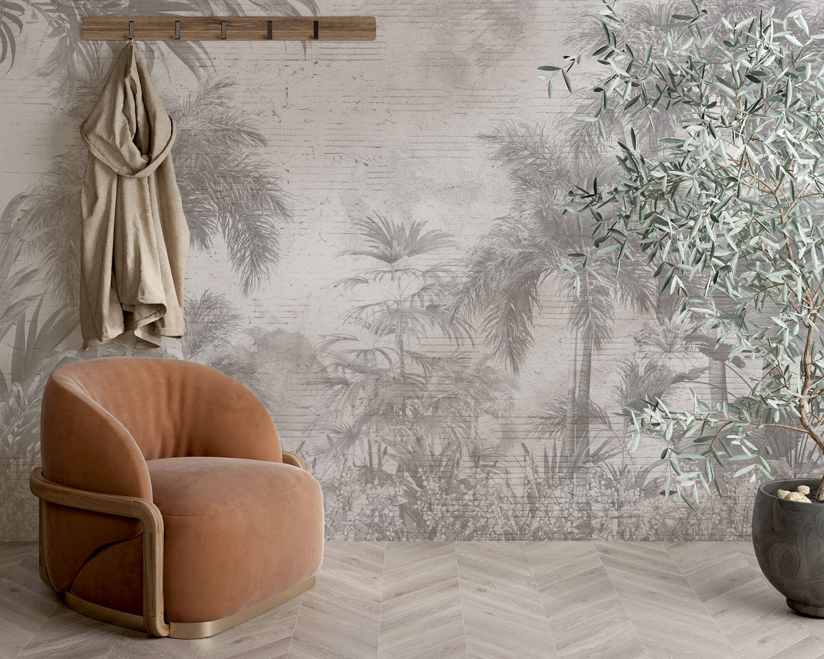 Tapet personalizat Tropical cu plante tropicale pe un perete cu textura de plaster gri - PLASTER STRIPED JUNGLE