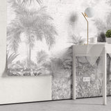 Tapet personalizat Tropical cu plante tropicale pe un perete cu textura de plaster gri - PLASTER STRIPED JUNGLE