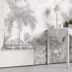 Tapet personalizat Tropical cu plante tropicale pe un perete cu textura de plaster gri - PLASTER STRIPED JUNGLE