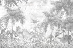 Tapet personalizat Tropical cu plante tropicale pe un perete cu textura de plaster gri - PLASTER STRIPED JUNGLE