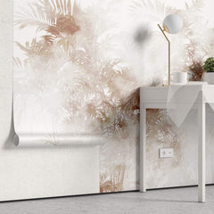Tapet personalizat Tropical cu palmieri in nuante rosiatice in ceata - STEAMY TROPICAL