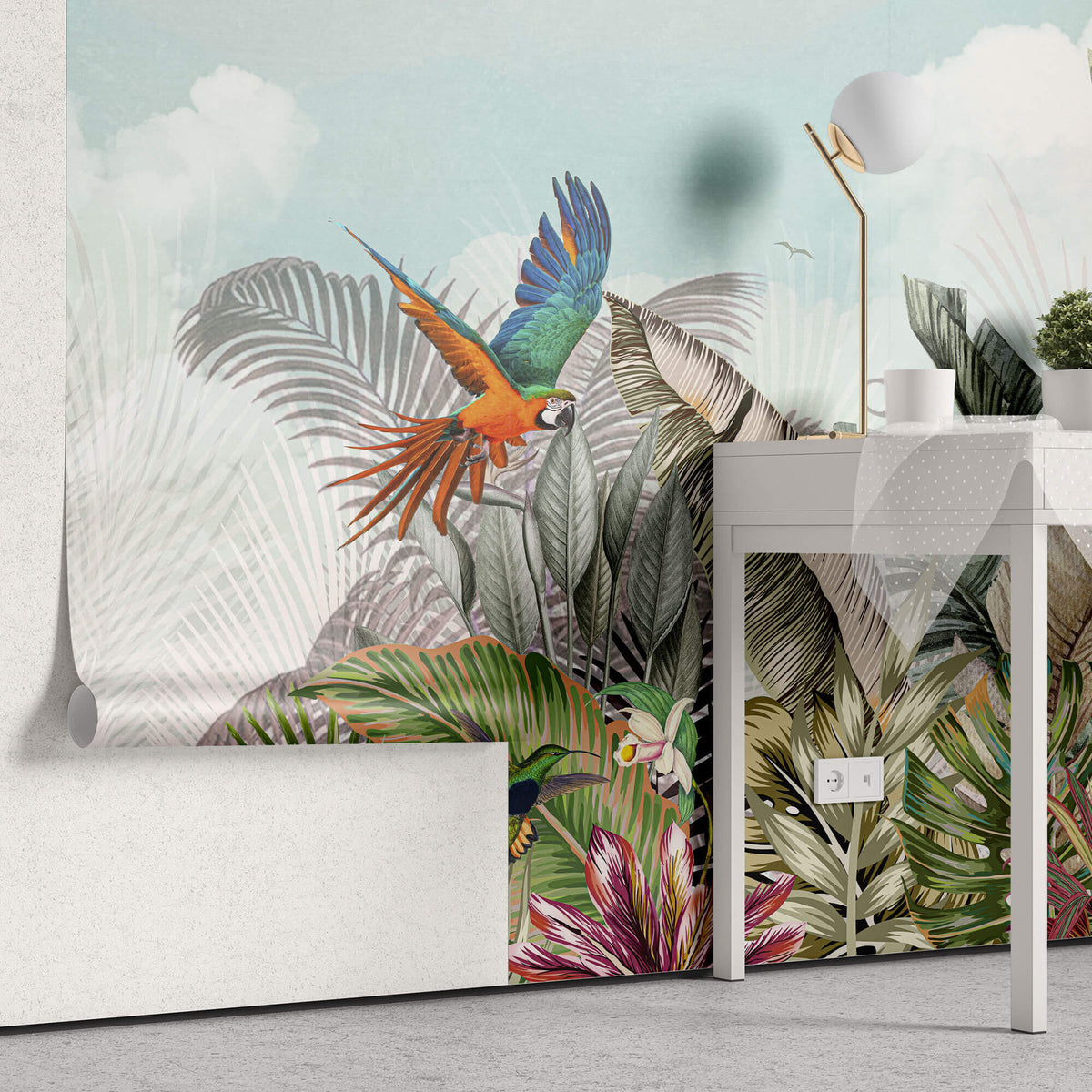 Tapet personalizat Tropical cu plante tropicale si papagali exotici - COLORFUL JUNGLE