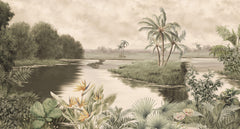 Tapet personalizat Tropical cu peisaj tropical cu floarea paradisului si laguna de apa in nuante de sepia - CRAYON PALM ISLAND SEPIA
