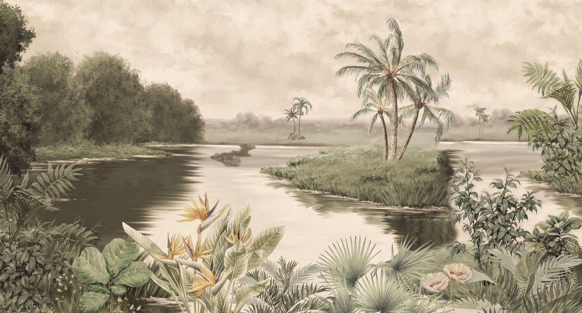 Tapet personalizat Tropical cu peisaj tropical cu floarea paradisului si laguna de apa in nuante de sepia - CRAYON PALM ISLAND SEPIA