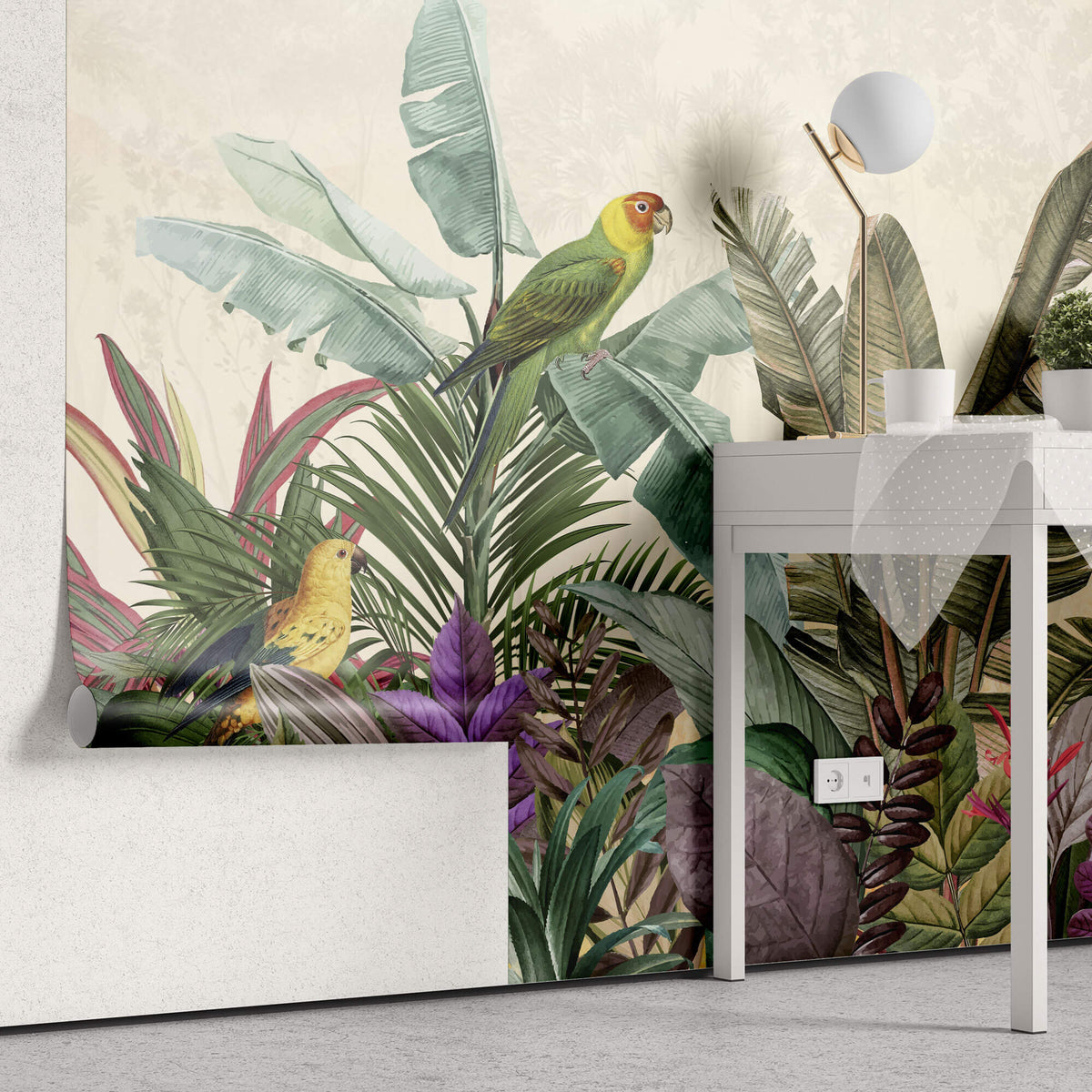 Tapet personalizat Tropical cu plante si papagali exotici - PARROTS AT DAWN