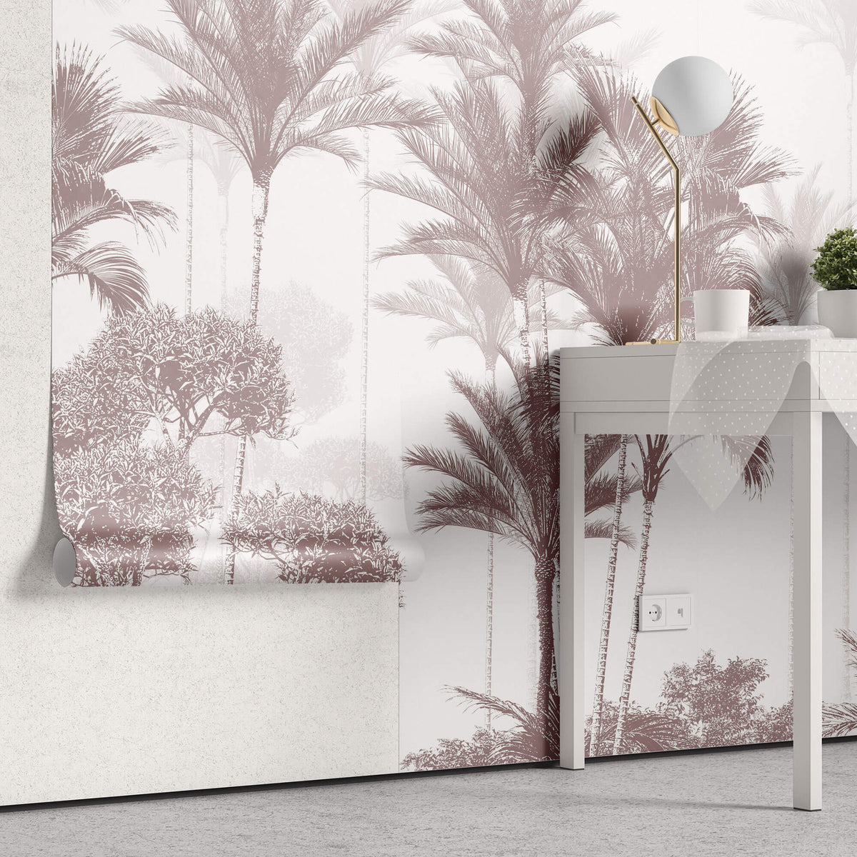 Tapet personalizat Tropical cu copaci tropicali in nuante de rosiatice - PLUM PALMS