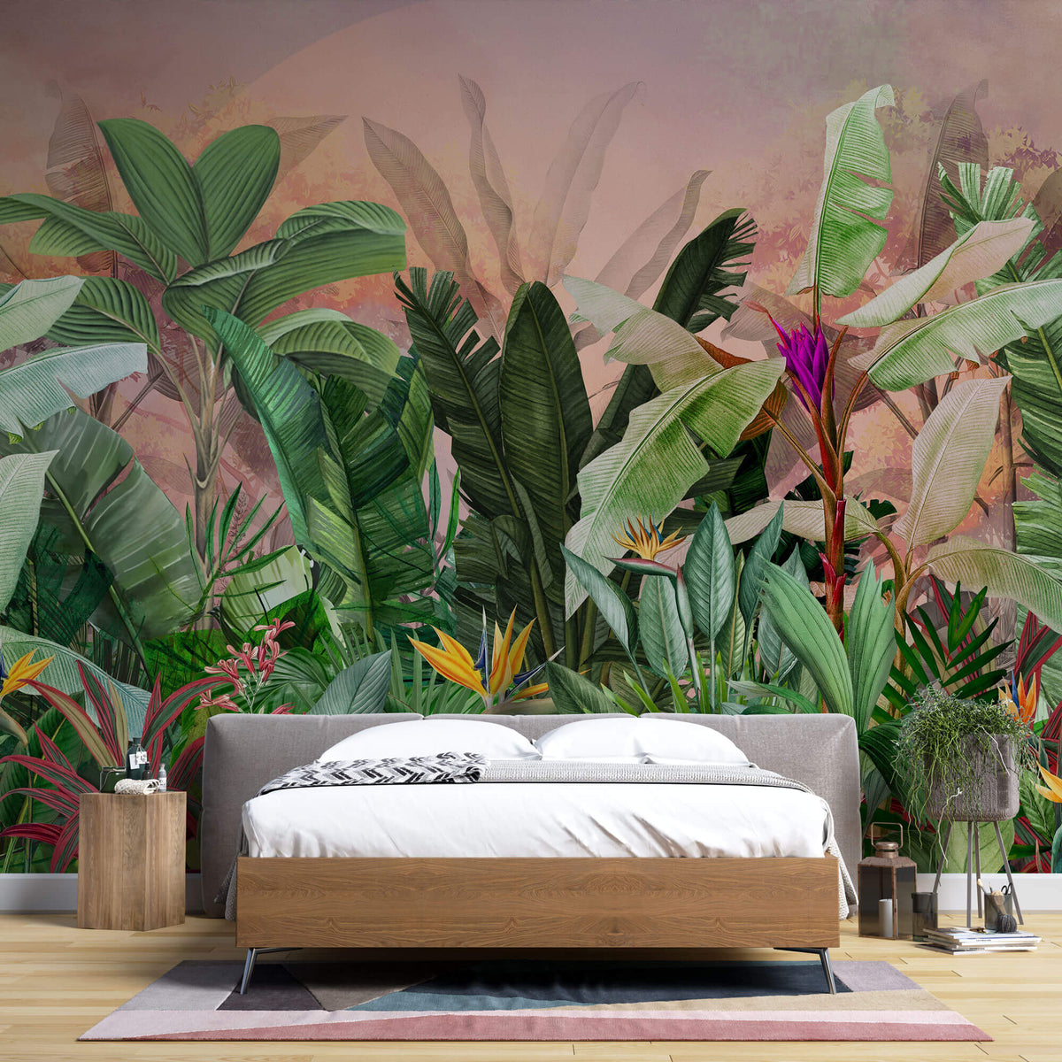 Tapet personalizat Tropical cu plante verzi exotice pictate in stil watercolor si fundal rozaliu - SUNSET JUNGLE