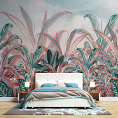 Tapet personalizat Tropical cu plante tropicale in nuante de verde si roz - CRIMSON RED JUNGLE