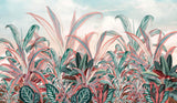 Tapet personalizat Tropical cu plante tropicale in nuante de verde si roz - CRIMSON RED JUNGLE