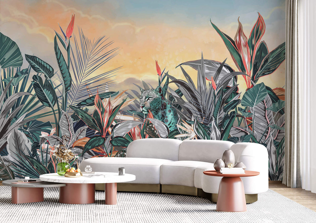Tapet personalizat Tropical cu peisaj tropical aflat la apus si tigrii - DAWN JUNGLE