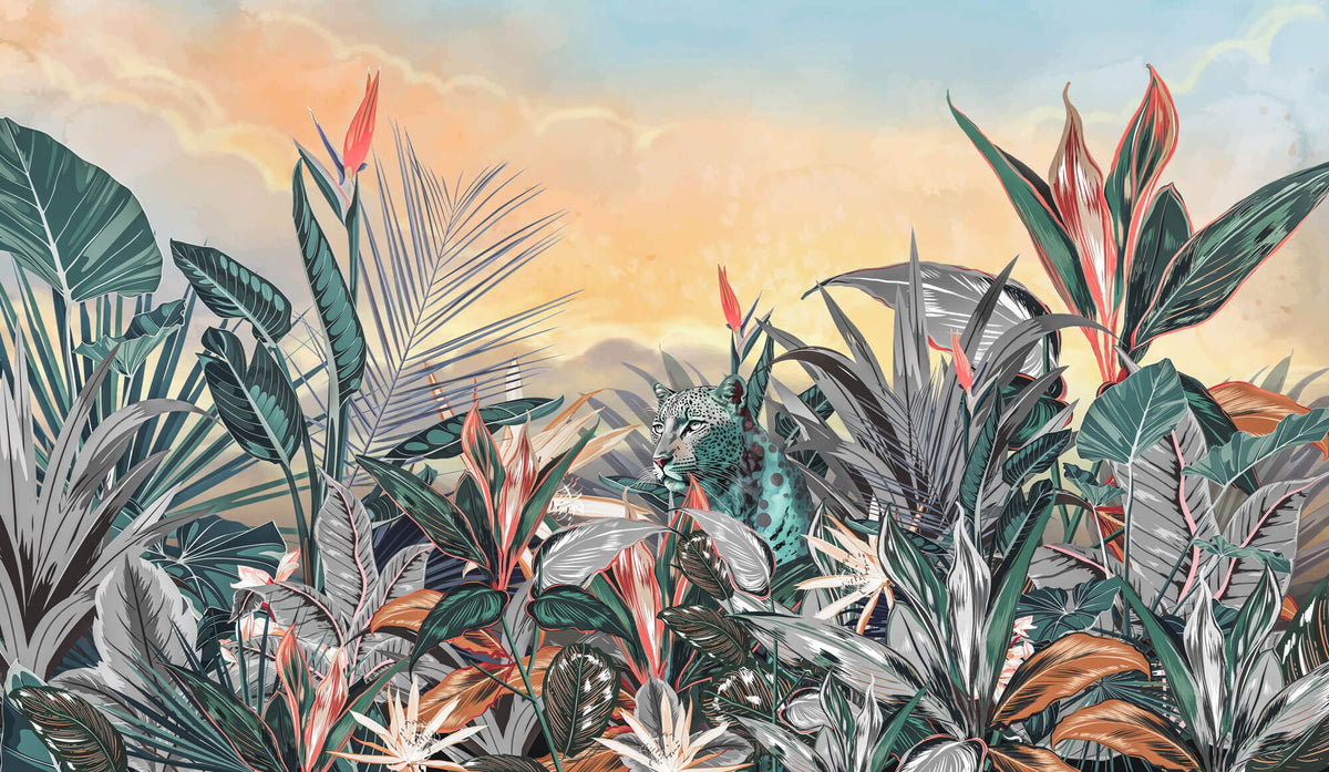Tapet personalizat Tropical cu peisaj tropical aflat la apus si tigrii - DAWN JUNGLE