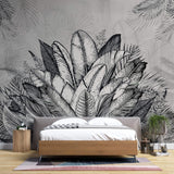 Tapet personalizat Tropical cu plante tropicale in alb negru - GREY TROPICAL LEAVES