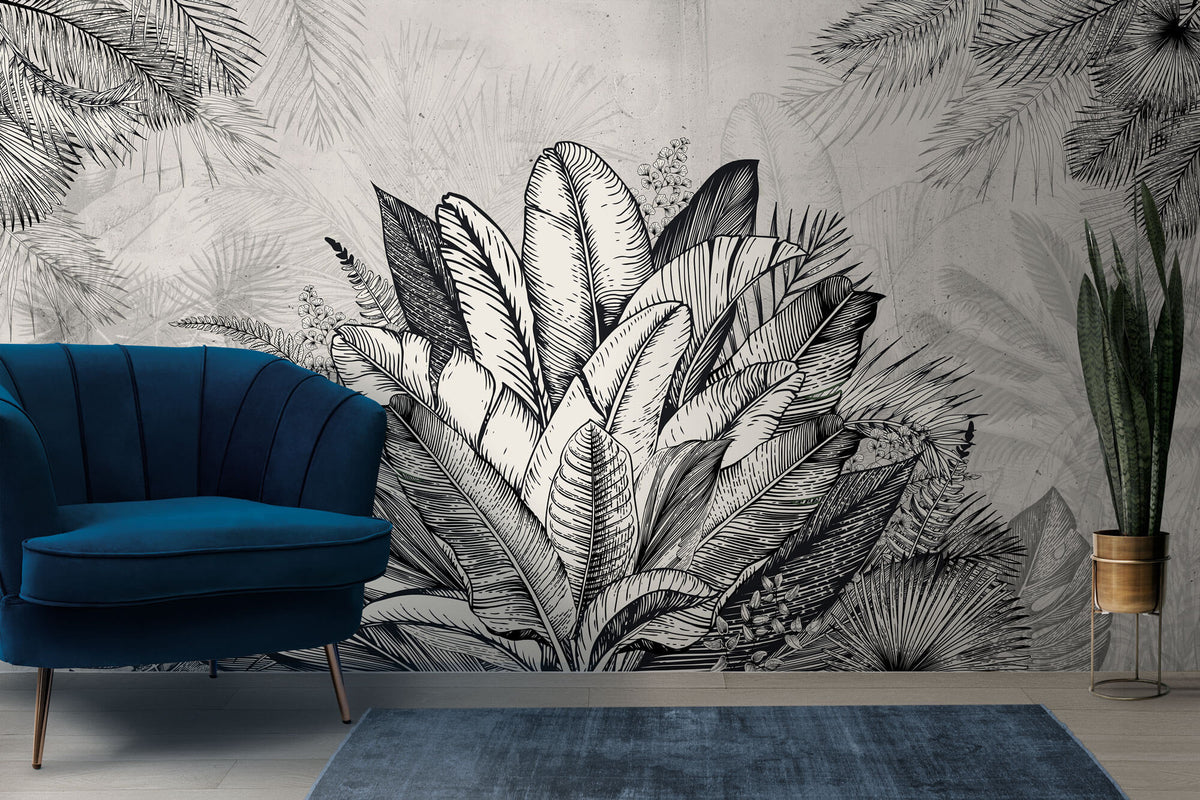 Tapet personalizat Tropical cu plante tropicale in alb negru - GREY TROPICAL LEAVES