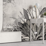 Tapet personalizat Tropical cu plante tropicale in alb negru - GREY TROPICAL LEAVES