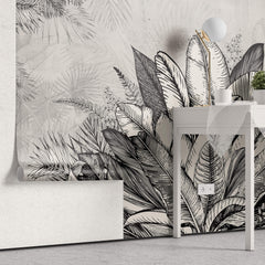 Tapet personalizat Tropical cu plante tropicale in alb negru - GREY TROPICAL LEAVES