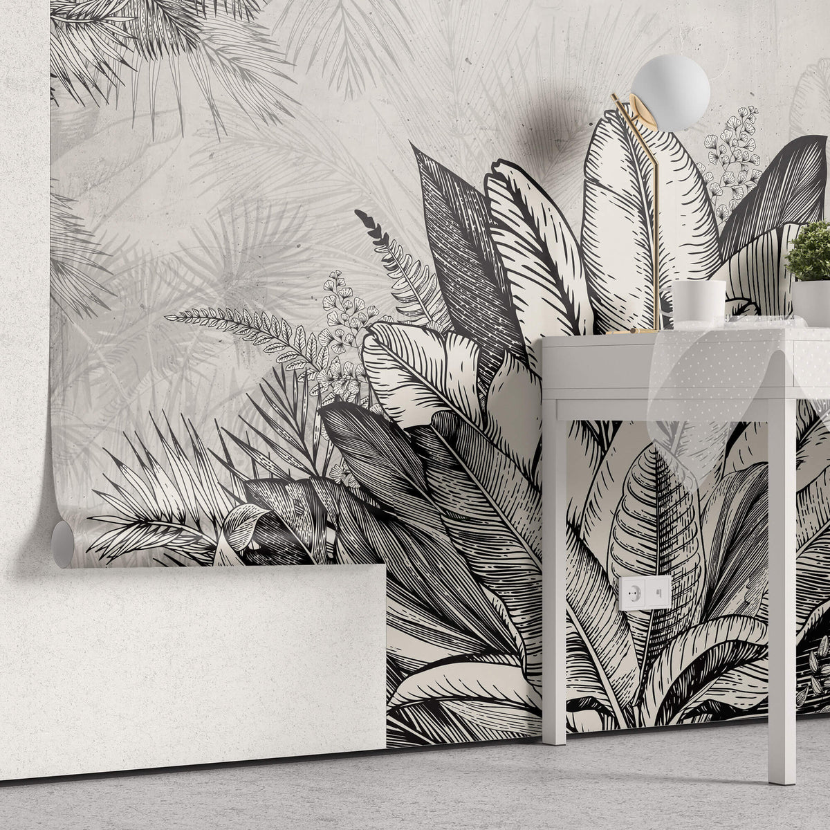 Tapet personalizat Tropical cu plante tropicale in alb negru - GREY TROPICAL LEAVES