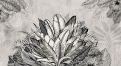 Tapet personalizat Tropical cu plante tropicale in alb negru - GREY TROPICAL LEAVES