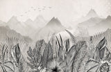 Tapet personalizat Tropical cu peisaj montan tropical in nuante de alb negru - GREY MOUNTAIN JUNGLE