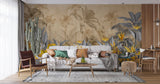 Tapet personalizat Tropical cu flori galbene si frunze gri in contrast si fundal sepia - YELLOW CONTRAST JUNGLE
